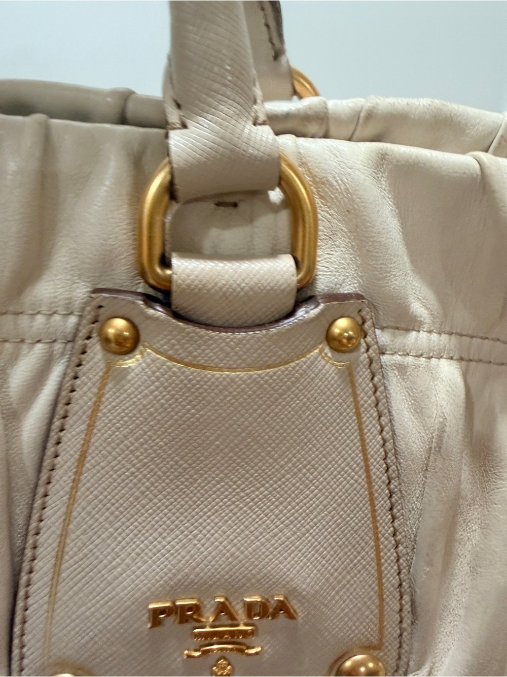 PRADA Gaufre Tote Bag Beige Lambskin Leather | Gold Hardware | VERY GOOD ❣️ - Picture 10 of 17